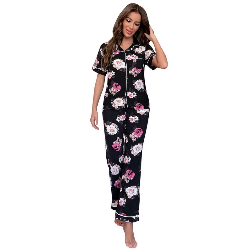 Pyjama Dames Zomer Plantenprint Korte Mouw Shirt Lange Broek Tweedelige Set Huiskleding Pamas_voghion.com