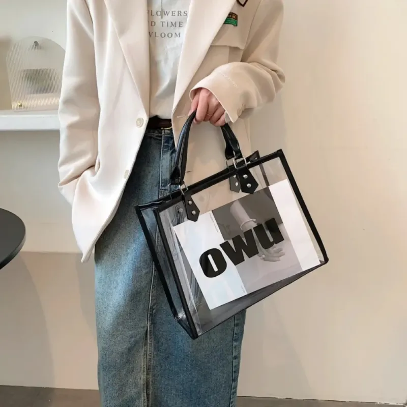 Borsa tote trasparente nera satinata con tasca interna, grande capacità, borsa da spiaggia casual alla moda con stampa di lettere_voghion.com