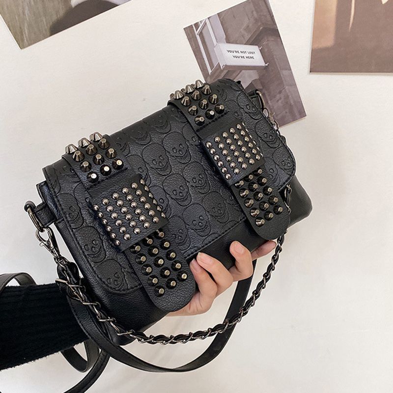 Vintage Skull Rivet Shoulder Women PU Leather Black Crossbody Designer Flap Messenger Bag New Fashion Lady Handbag Bolso_voghion.com
