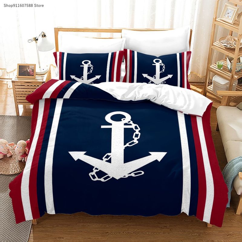 Anker und weiße Streifen 3D gedruckt Marineblau Quilt dreiteiliges Bettwäsche-Set individuell_voghion.com