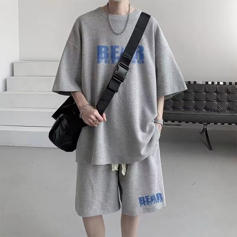 Men's Suit Waffle Short-Sleeved Shorts Student Matching Handsome Casual Set_voghion.com