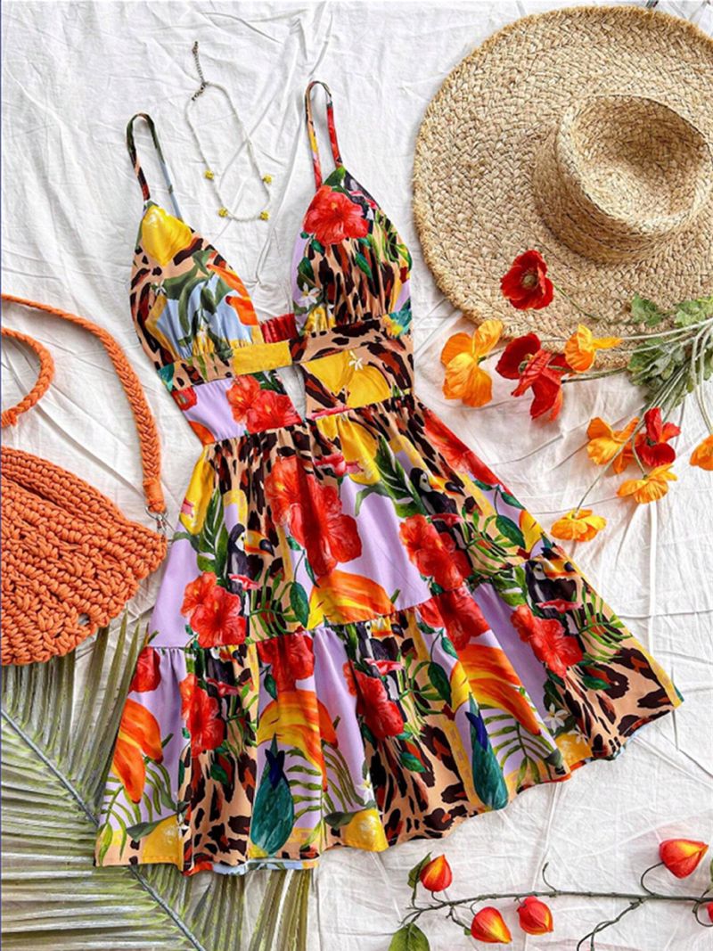 Rochie de damă sexy, cu imprimeu leopard, decoltată, cu bretele adânci în V și spate expus, 2025_voghion.com