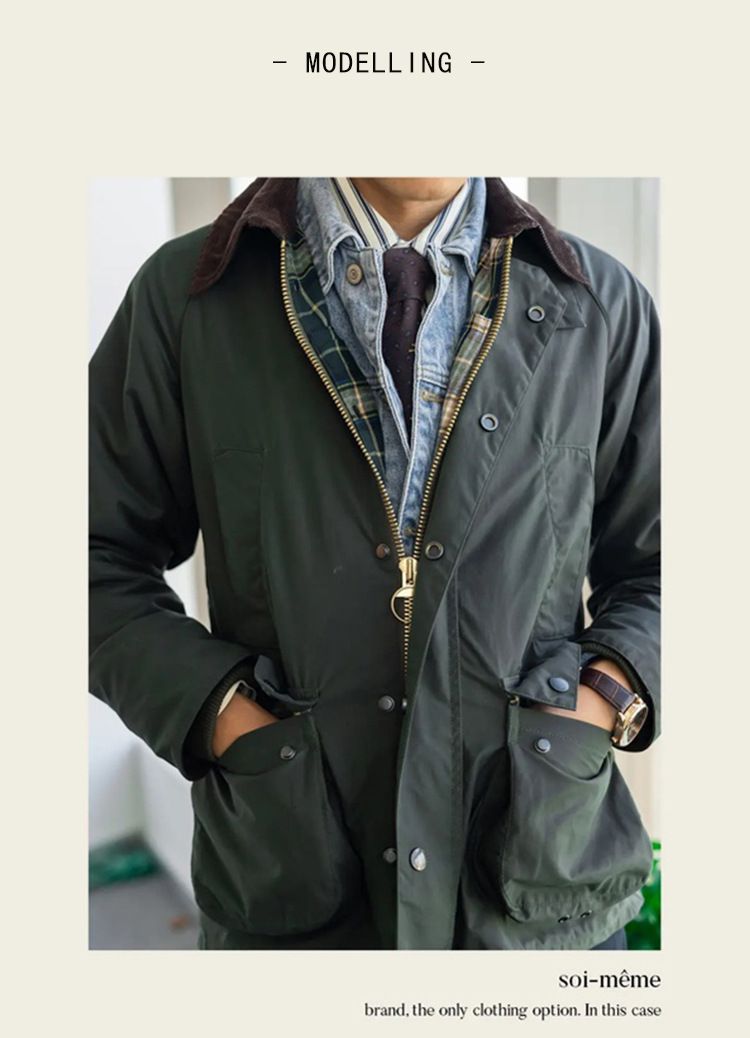 Vintage gewaxte katoenen herenjas - Retro jachtjas met meerdere zakken, waterafstotend en ademend, slim fit, middellange lengte (donkergroen/saliegroen)_voghion.com