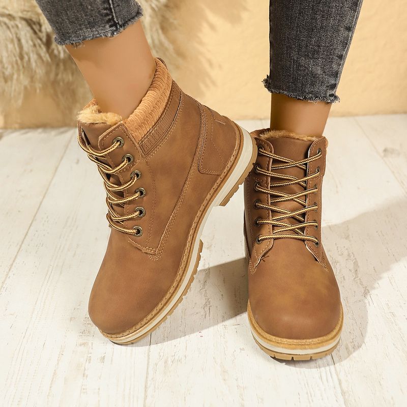 Bottines à talons épais pour femme avec doublure en fausse fourrure – Chaussures d'hiver décontractées antidérapantes à bout rond pour femme (noir, marron, beige, rose, jaune)_voghion.com