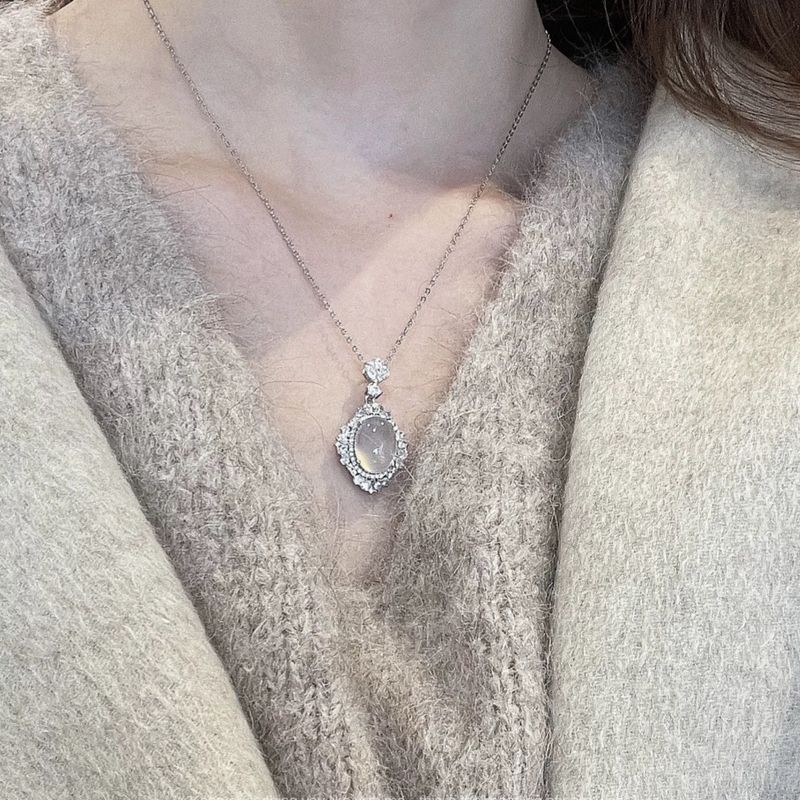 Nieuwe stijl ~ Natuurlijke hoge ijs jadeiet hanger ketting met agaat ovaal inleg, lange Chinese stijl Alice sleutelbeen ketting_voghion.com