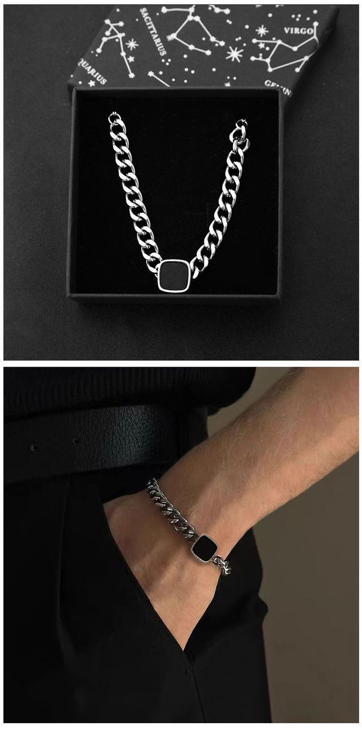 Square Cuban Bracelet For Men Titanium Steel Non-Fading Trendy Versatile Niche Hip-Hop Punk Bold Necklace_voghion.com