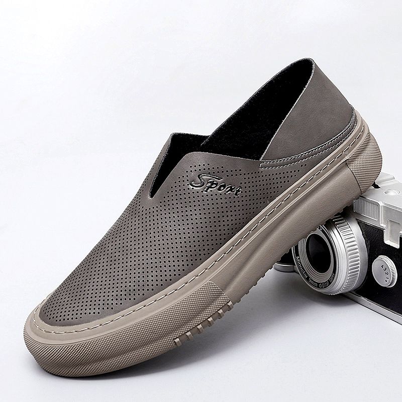 Cowhide hollowed out lazy driving shoes, seasonal casual perforated shoes_voghion.com