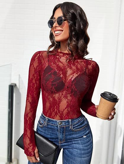 Top da donna, maniche lunghe, collo alto, camicia trasparente, top in pizzo floreale trasparente, hanno un vero colpo_voghion.com