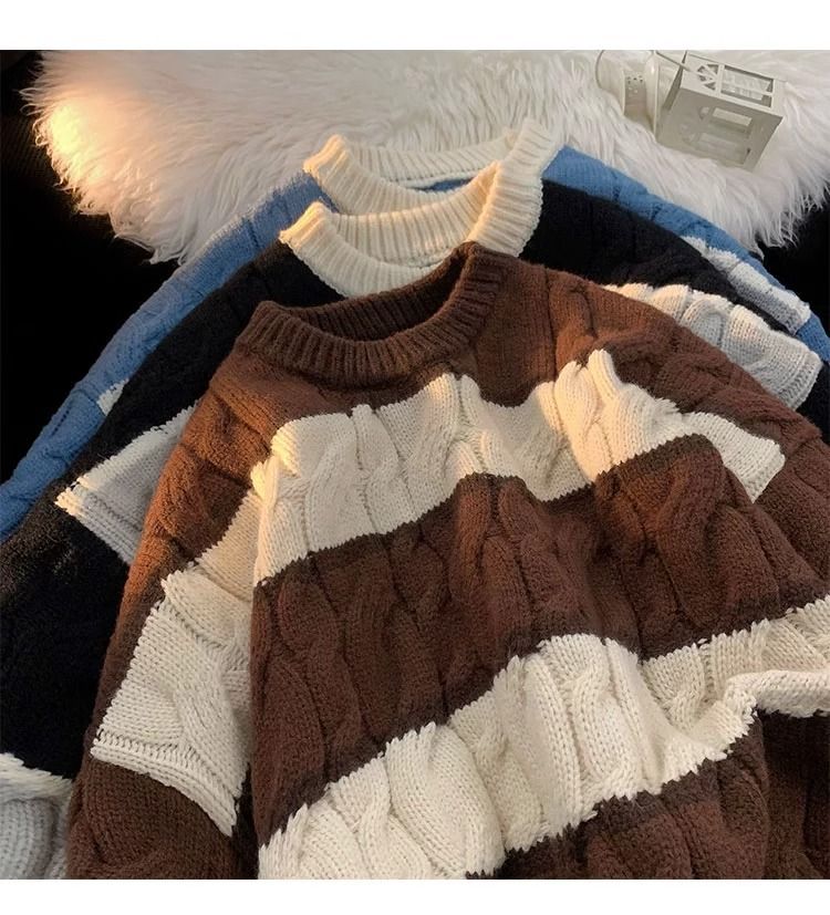 Gestreepte gebreide herentrui – dikke trui met ronde hals van katoenmix (bruin/blauw/zwart, M-XXXL)_voghion.com