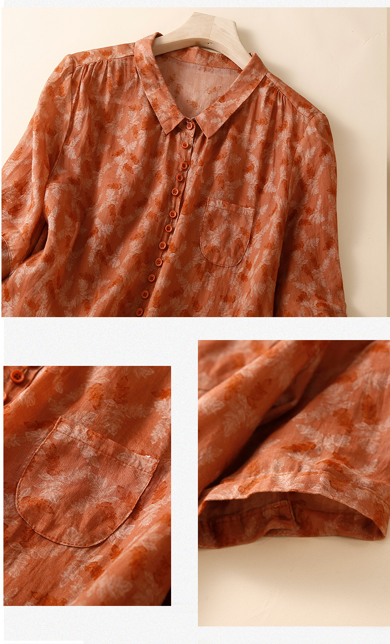 Damen gemustertes Ramie-Shirt Damen lockeres mittellanges Blumen-Dünnhemd Cardigan-Oberteil_voghion.com