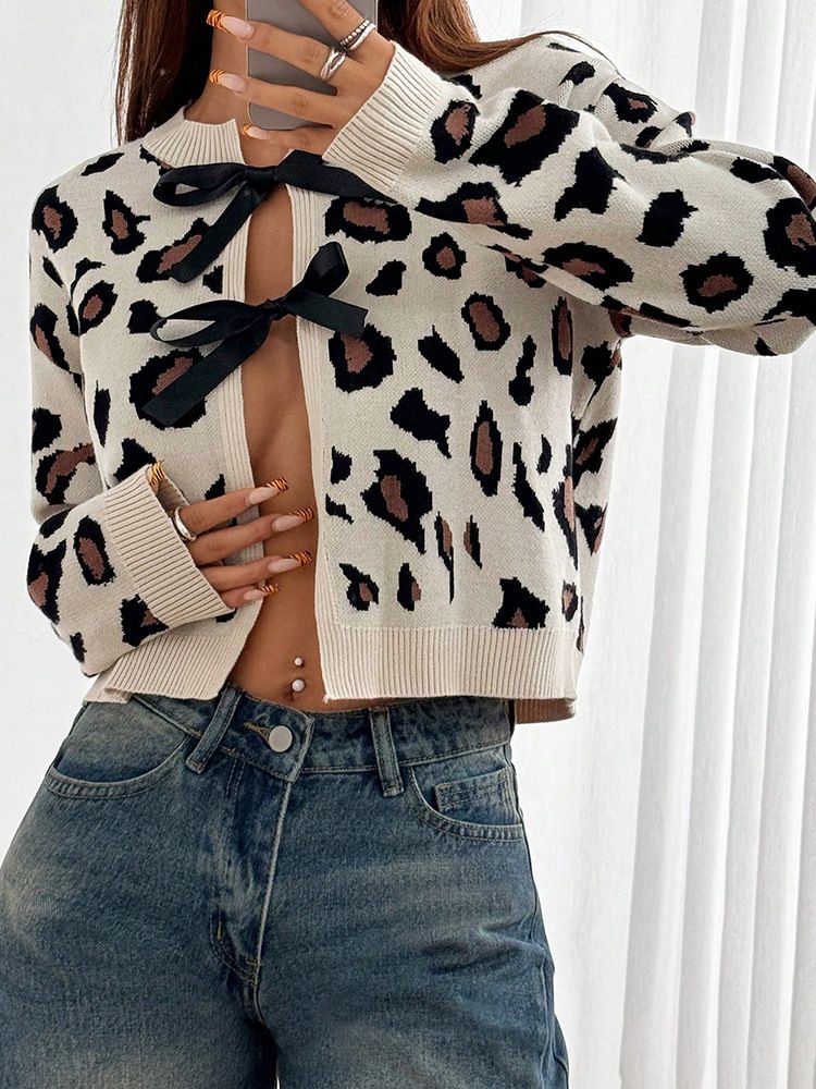 Women's Clothing Spring and Autumn women's fashion personality spotted print sweater cardigan bow tie knitted sweater_voghion.com