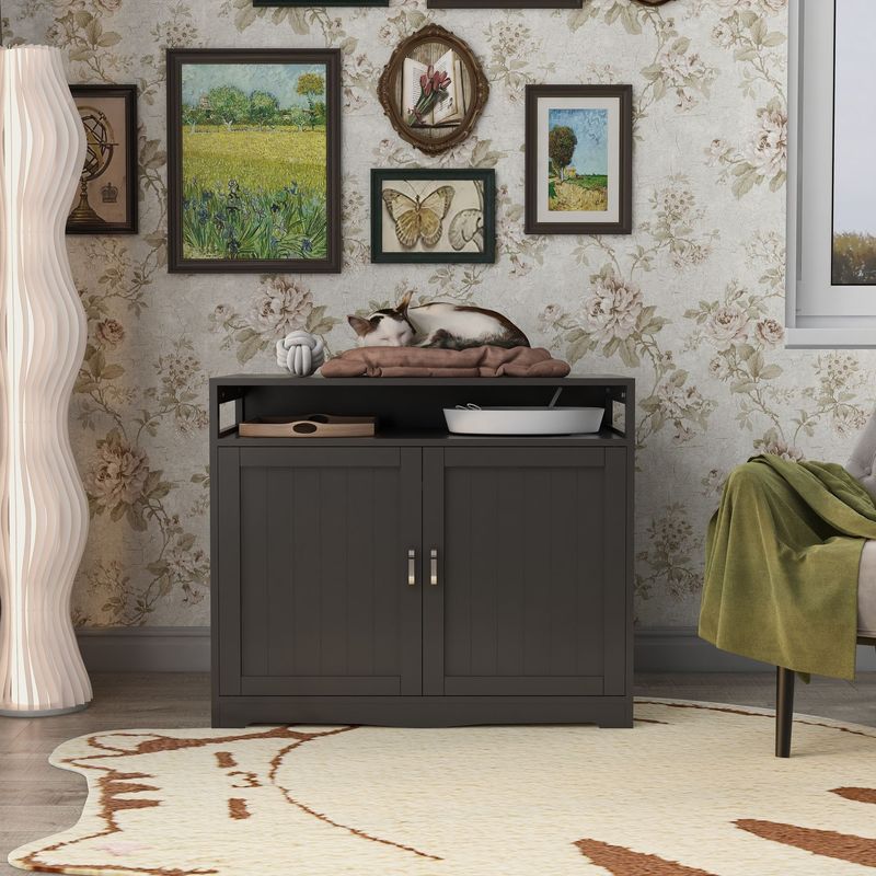 Litter Box Enclosure, Cat Litter Box Furniture With Hidden Plug, 2 Doors,Indoor Cat Washroom Storage Bench Side Table Cat House, Large Wooden Enclused Litter Box House, Esspresso_voghion.com