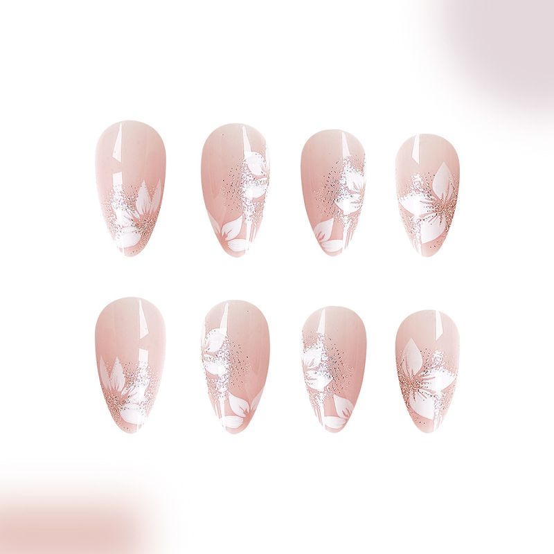 Κοντή πανοπλία λαμπερού αμυγδάλου Ευρώπη και Ηνωμένες Πολιτείες διασυνοριακό εξωτερικό εμπόριο φθινόπωρο και χειμώνα λευκό λουλούδι γκλίτερ αποσπώμενο νυχιών τέχνη 24 _voghion.com