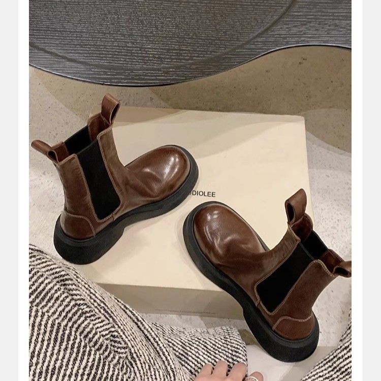 Cowhide Version~Grape Mom Same Style 6Cm Shrink Pattern Genuine Leather Elastic Band Thick Sole Chunky Heel Short_voghion.com