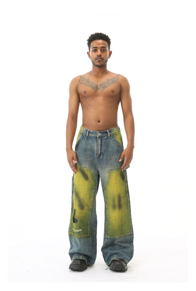 EF JEANS | 2024 New Product, American High Street Loose Mopping Old Retro Tie-dye Ripped Jeans Tide_voghion.com