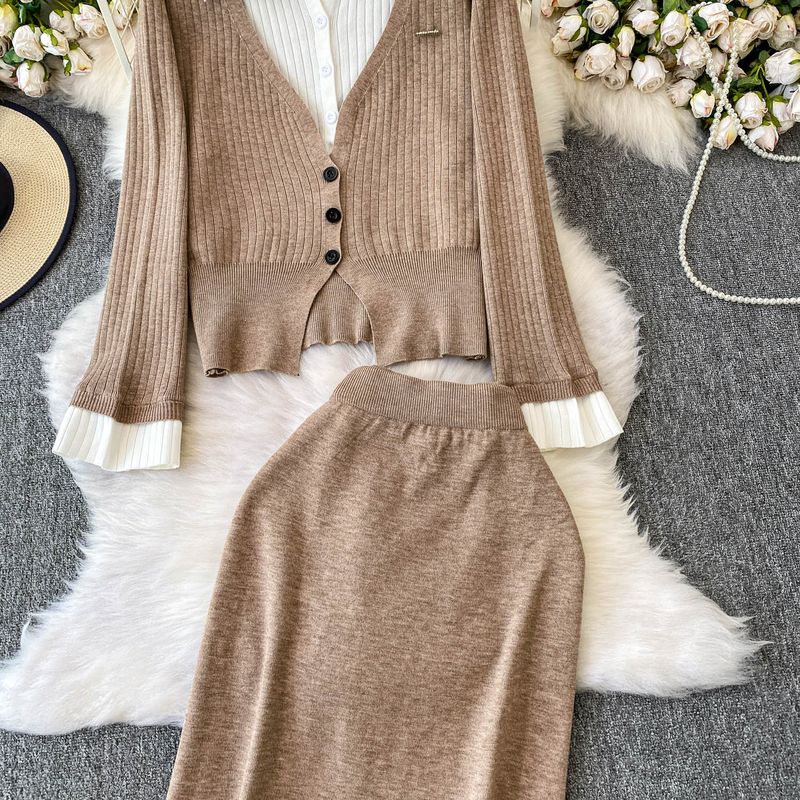 Ensemble blazer en tricot chic et jupe taille haute – Design superposé bicolore, col cranté, coupe slim, tenue de bureau et décontractée_voghion.com