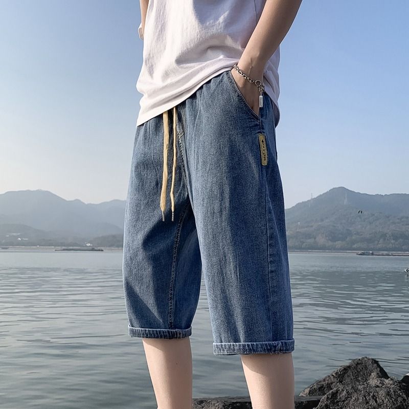 Summer Thin Five-Point Denim Shorts Men's Seven-Point Korean Style Trendy Loose Straight Drawstring Elastic Waist_voghion.com