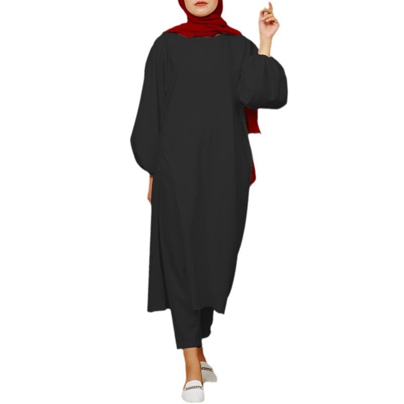 Verve 2025 New Muslim Comfortable Casual Solid Color Sleeve Round Neck Split Long Pants Set_voghion.com