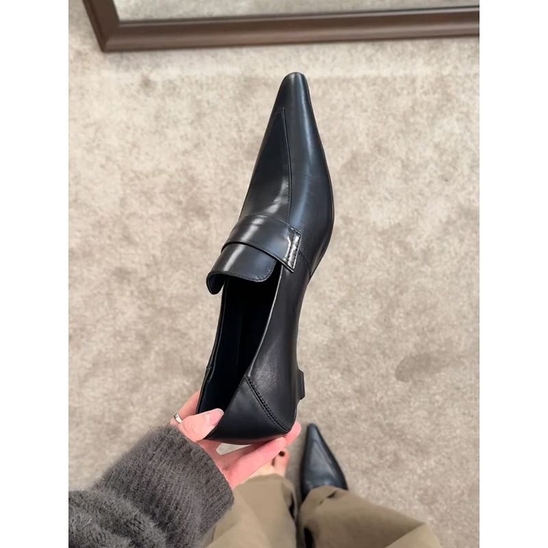 Sheepskin Pointed Toe Elegant Kitten Pumps Shallow Mouth Professional Commuting Leather Shoes Women French Style Chunky_voghion.com