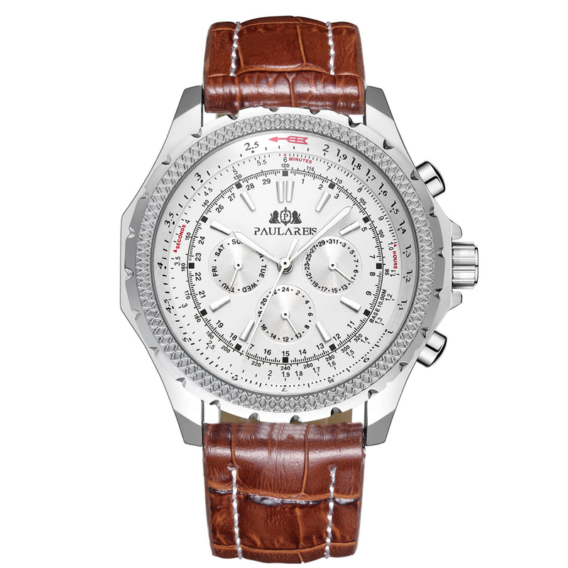 Automatische mechanische multifunktionale leuchtende Herrenuhr Kupfergürtel Leder_voghion.com