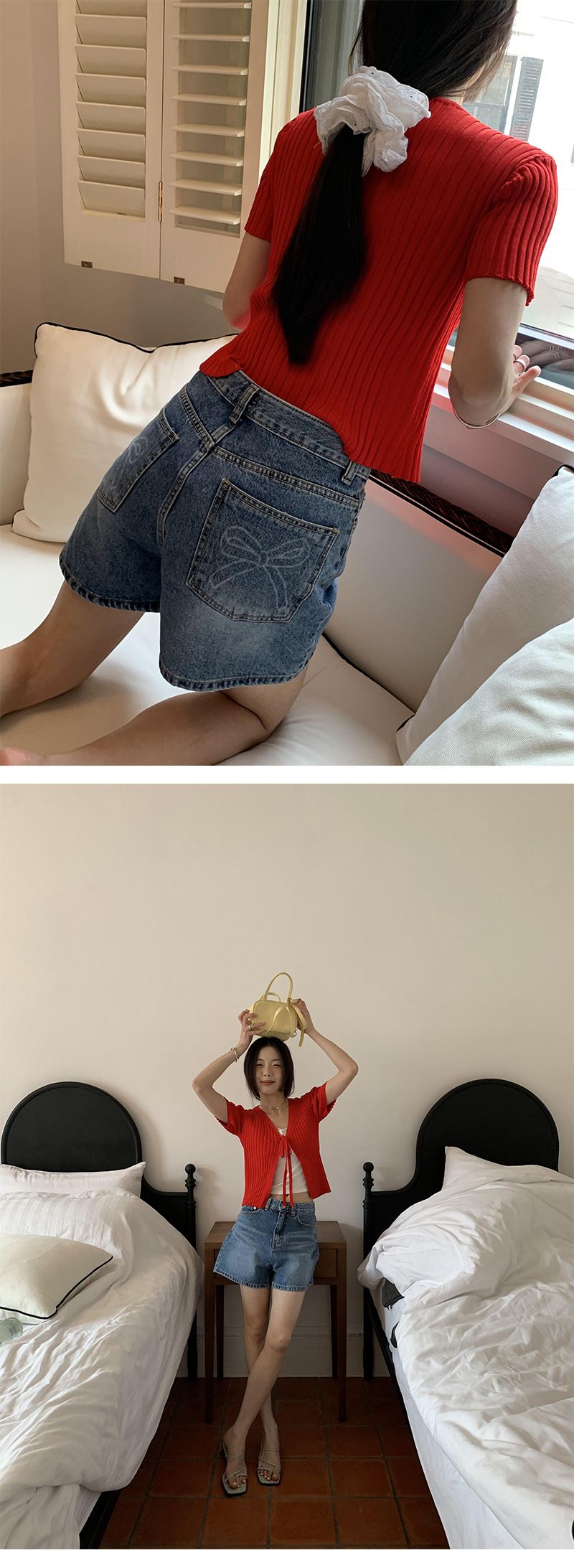 Yuyi New 2024 Summer INS Ribbed V-Neck Tie Knitted Sweater French Short Sleeve Cardigan Stretchy Top Women_voghion.com