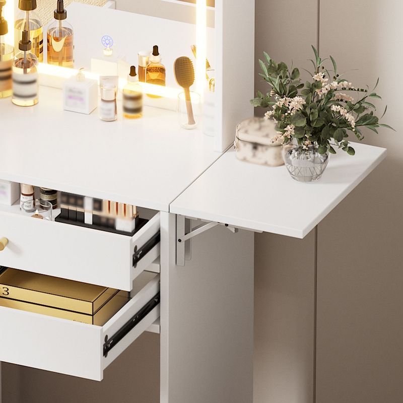 Small Space Vanity Table Set With 3 Adjustable Lighted Mirror And Storage Chair,Makeup Vanity Table For Small Space,White Dressing Table With Fold-up Panel For Bedroom_voghion.com