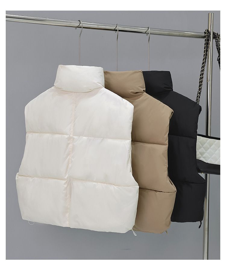 Doudoune sans manches matelassée légère pour femme, col montant, fermeture éclair et poches multiples (noir, kaki, beige)_voghion.com