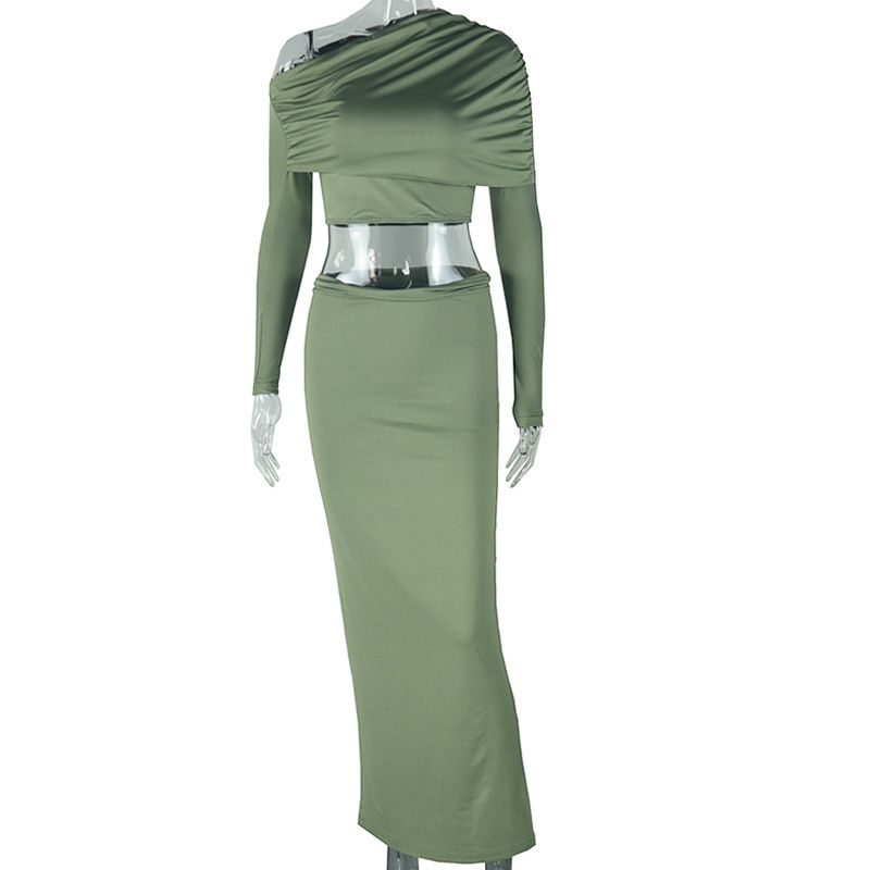 Elegante abito lungo aderente da donna, completo da 2 pezzi, completo da festa, top corto a maniche lunghe e gonna lunga._voghion.com