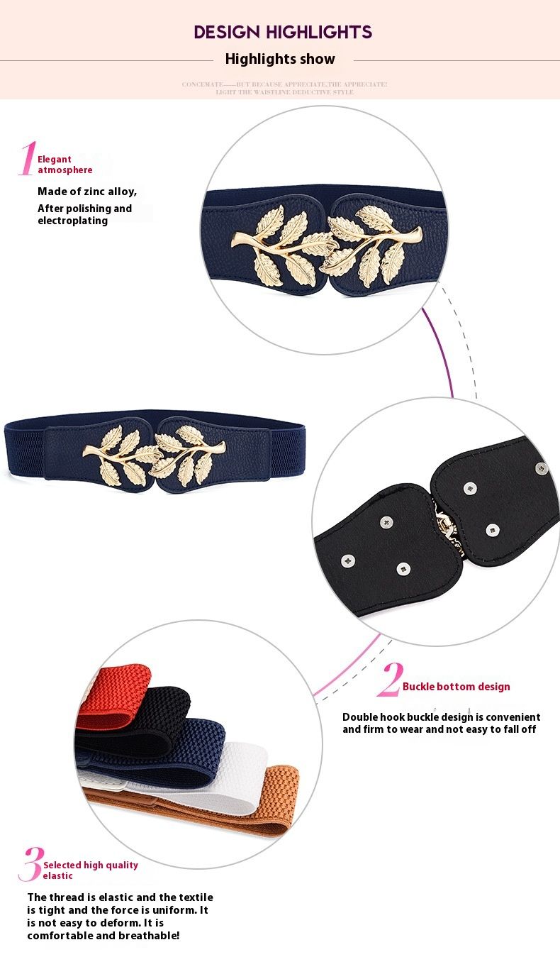 Nouvelle mode femme polyvalente large feuille d'or décoration doudoune jupe ceinture élastique taille couverture_voghion.com