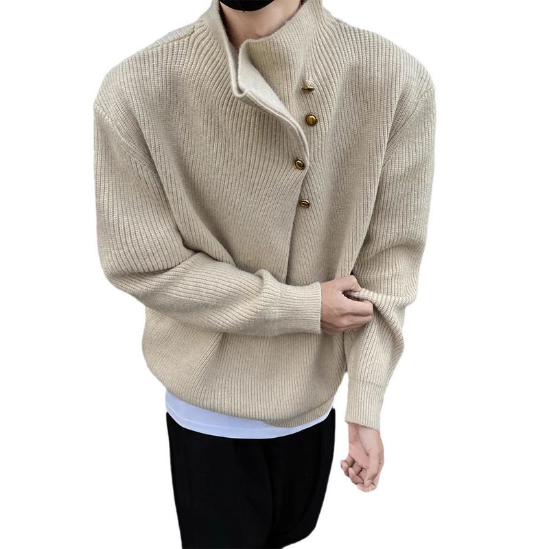 Pullover mit unregelmäßigem Knopfdesign und hohem Halsausschnitt für Männer im koreanischen Stil, trendige Marke, cooles und faules Oversize-Strickoberteil_voghion.com