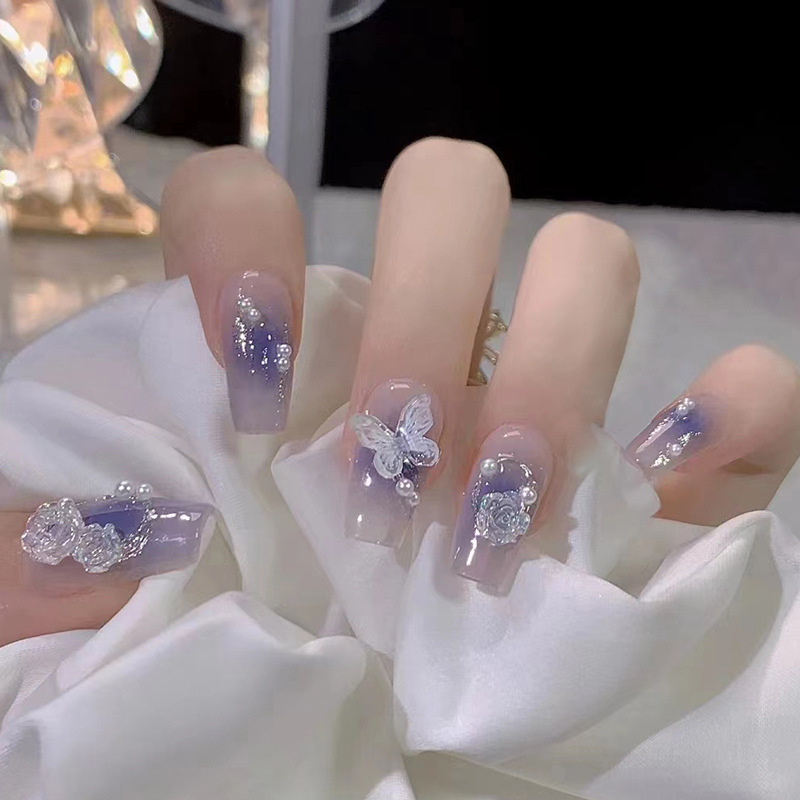 Lange Ballerina 24 Stück künstliche Nägel, vollständig bedeckende Nagelspitzen, gelbe französische Kunstnägel mit Aurora-Strasssteinen, zum Aufdrücken_voghion.com