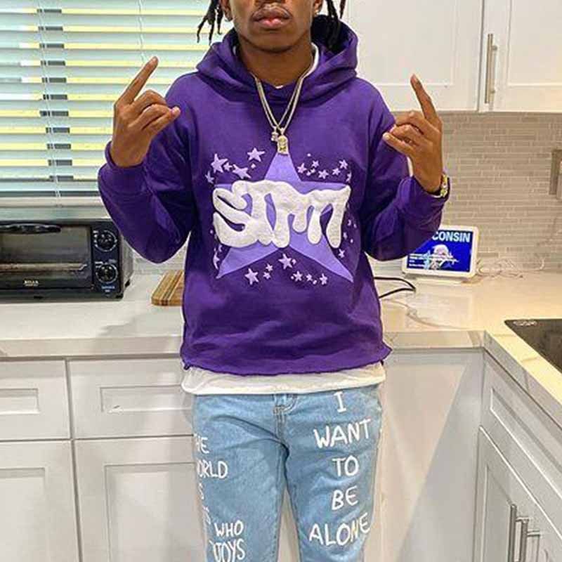 Felpa con cappuccio streetwear alla moda con stampa di lettere in schiuma 3D - Pullover unisex oversize per la moda urbana (nero/bianco/blu/viola, S-2XL)_voghion.com