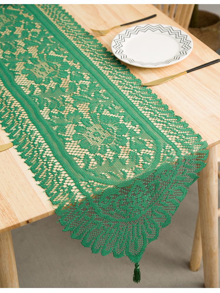 Camino de mesa de encaje rústico francés con ribete de borlas bohemias blancas, lino tejido vintage para decorar mesas de comedor y de centro, estilo rústico chic._voghion.com
