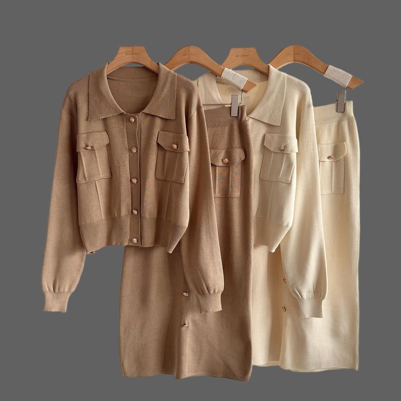 Elegantes zweiteiliges Strickset für Damen im Herbst und Winter, Rollkragenpullover und Midirock-Outfit – Slim Fit Button-Down-Cardigan und A-Linien-Rock_voghion.com