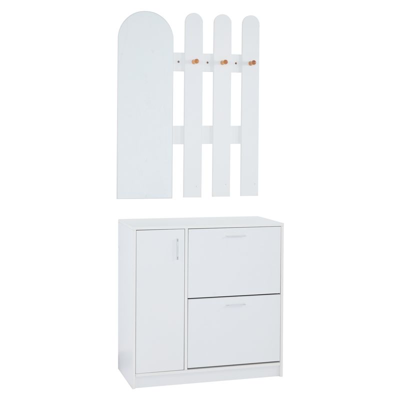 Meuble à chaussures avec portes battantes et coulissantes, rangement d'entrée avec miroir et crochets, étagère à chaussures blanche pour petits couloirs, rangement de salon_voghion.com