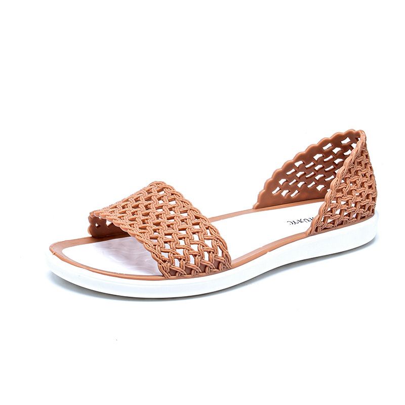2025 Summer New Women's Versatile Flat Plastic Hollow Hole Shoes Non Slip Soft Bottom Beach Sandals_voghion.com