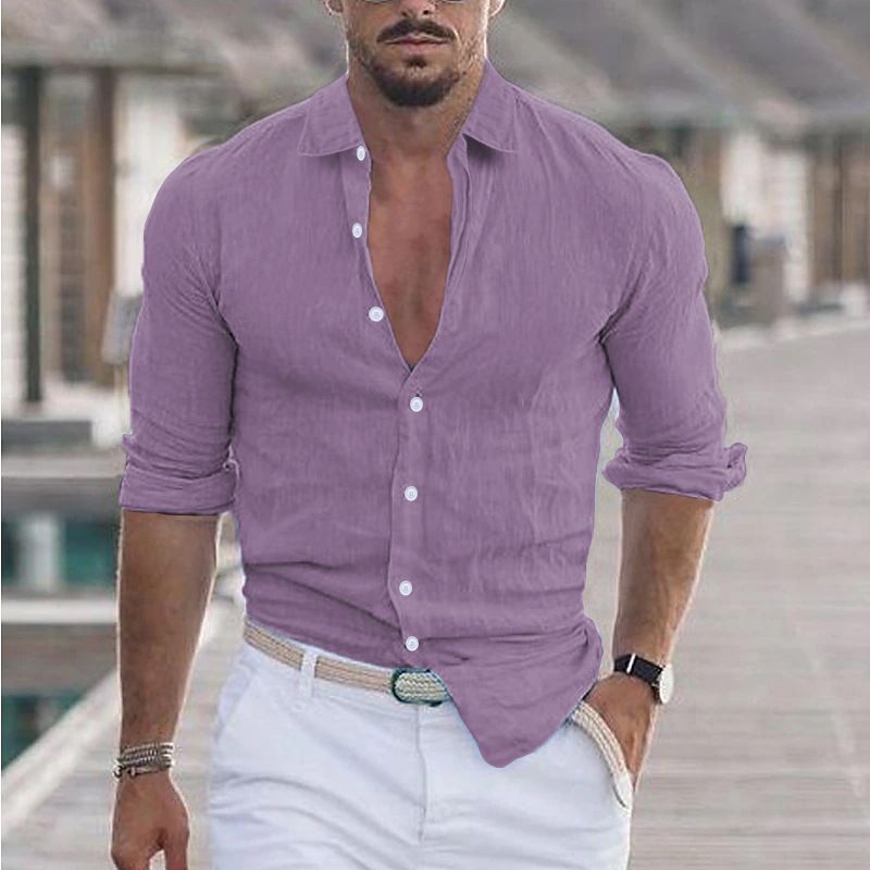 Camicia da spiaggia estiva da uomo in cotone e lino con risvolto, a maniche lunghe, tinta unita, per le vacanze hawaiane_voghion.com