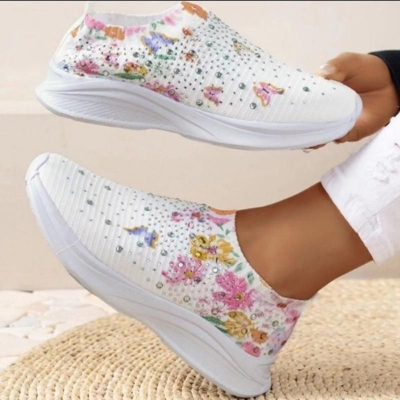 Sneakers slip-on da donna CMY con decorazioni in strass e stampa floreale e a farfalla - Scarpe da corsa traspiranti in maglia_voghion.com