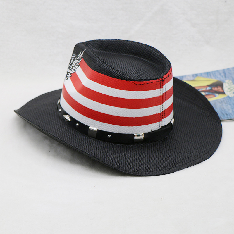 Chapéu de cowboy ocidental chapéu preto masculino ao ar livre crânio estilo chapéu de palha enrolado_voghion.com