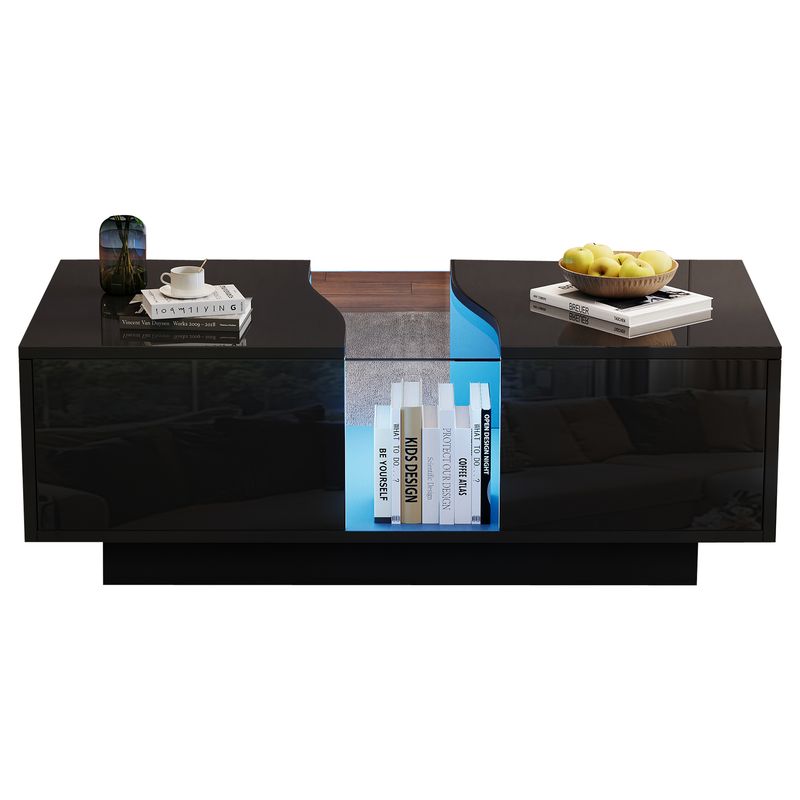 Table basse moderne à LED avec 2 tiroirs, 100 x 50 x 35 cm, plateau en acrylique noir brillant avec éclairage LED, table d'appoint en MDF pour salon et chambre._voghion.com