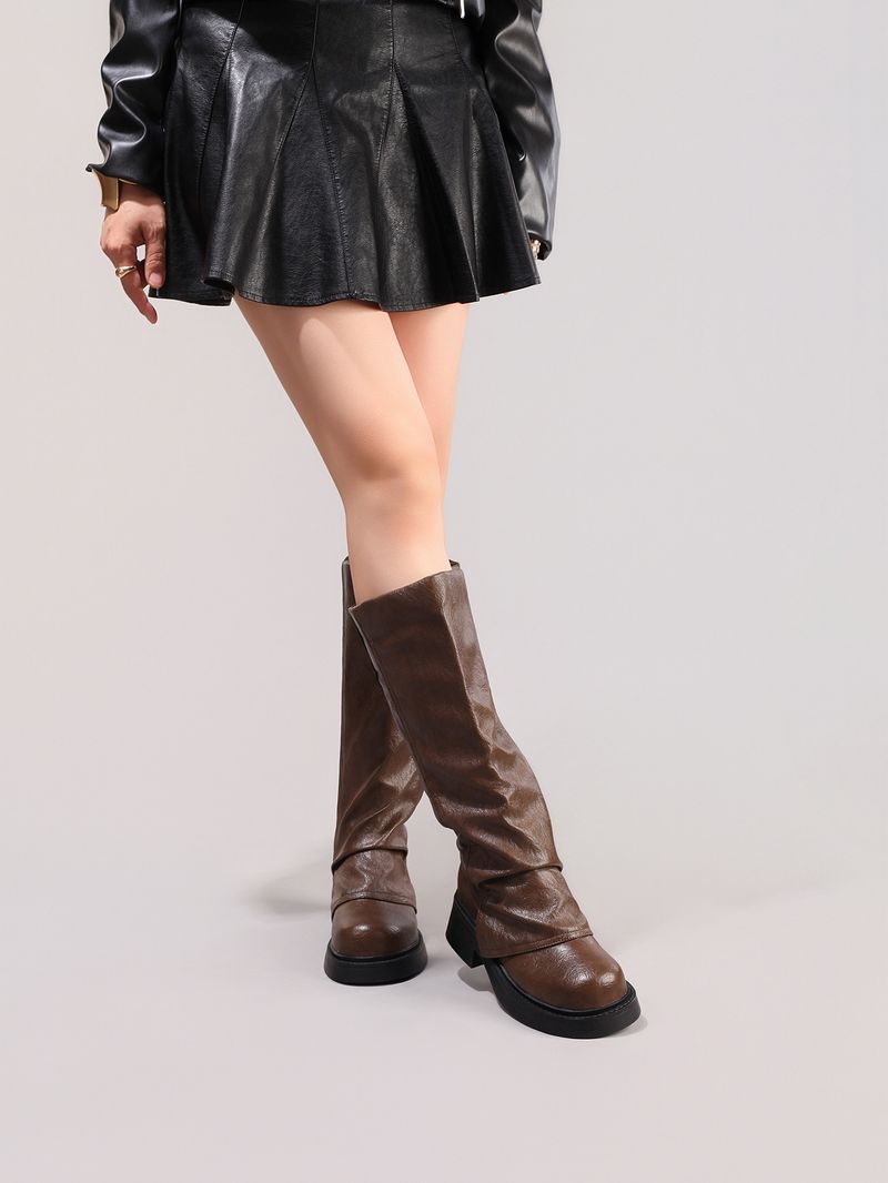 WEIBENA Damen Chelsea-Stiefel mit dicker Sohle und elastischer Wadenmitte, zum Hineinschlüpfen, runde Zehenpartie, Knöchelstiefel mit Faltendesign für die Freizeit im Herbst und Winter_voghion.com