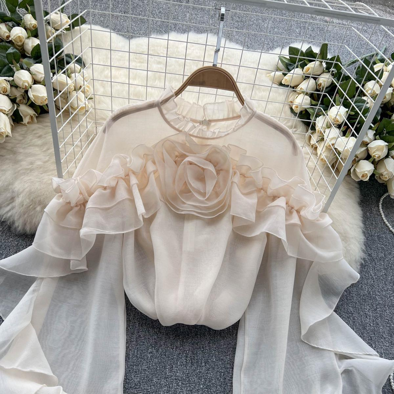 Women's Clothing Designed irregular ruffled mesh shirt for women in spring and autumn pullover pleated niche slim and chic top trendy_voghion.com