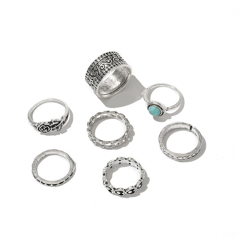 Ethnic Style Rose Blossom Turquoise Adjustable Joint Circle Ring Set Of 8 Combination Rings_voghion.com
