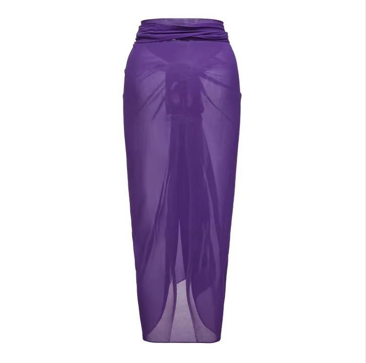 Traje de baño de tres piezas con estampado de bloques de color para mujer, ajustado a la cadera, para playa, con protección solar_voghion.com