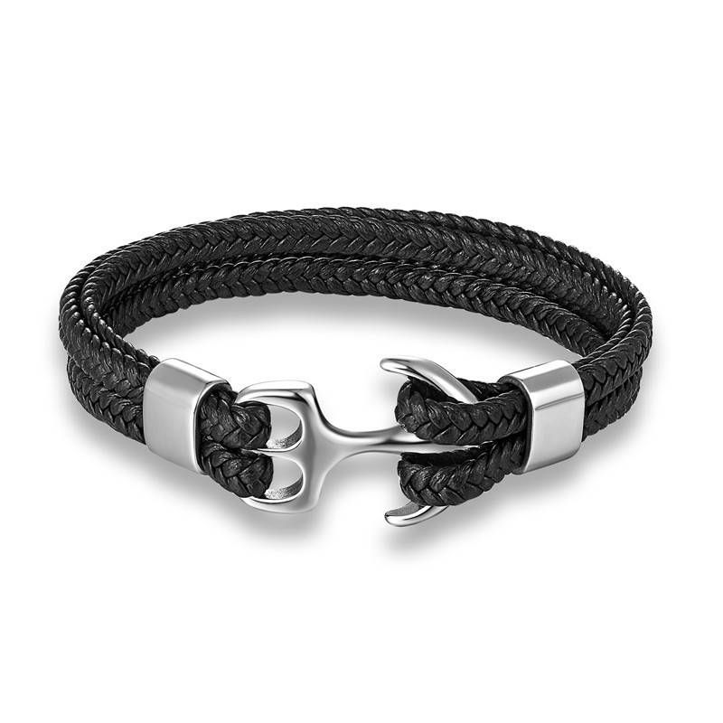 Bracciale in acciaio inossidabile con ancora intrecciata in pelle di mucca nera da uomo in titanio, 1 pezzo_voghion.com
