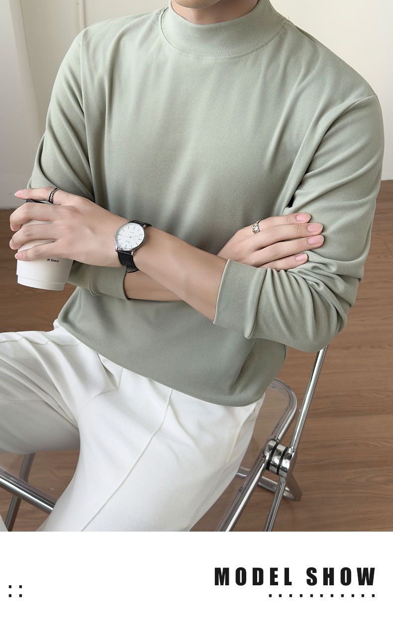 Herren-Thermo-Langarm-T-Shirt mit Halbrollkragen – weicher und atmungsaktiver Stoff, entspannte Passform, Übergröße, einfarbig für Herbst und Winter_voghion.com