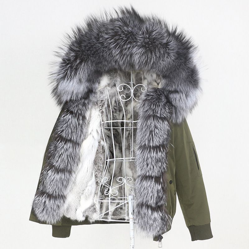 Damenbekleidung Parka im neuen Stil mit dickem Kaninchenfellfutter, abnehmbarem echtem Fuchspelz, großer Pelzkragenjacke, Pelzmantel_voghion.com