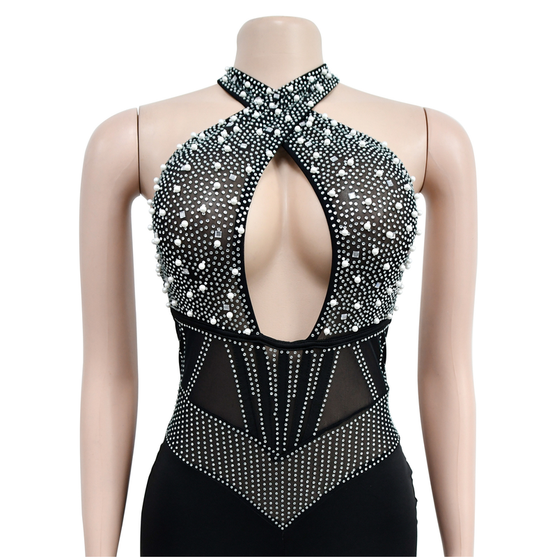 Women's mesh mesh perm beads sleeveless shorts jumpsuit_voghion.com