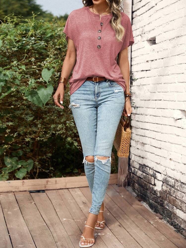 Maglietta a maniche corte con cappuccio e scollo a V da donna, nuova maglietta estiva da donna, tinta unita, con fibbia intrecciata, rosa, ampia, con cuciture_voghion.com