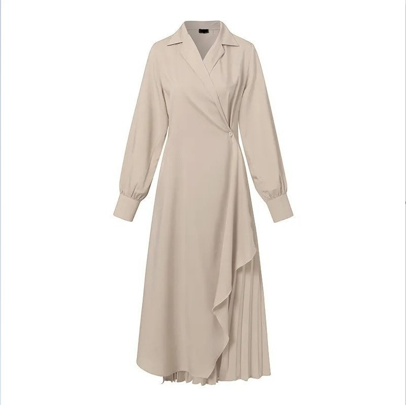 Abito camicia elegante formale da donna Abito lungo retrò tinta unita a vita lunga_voghion.com